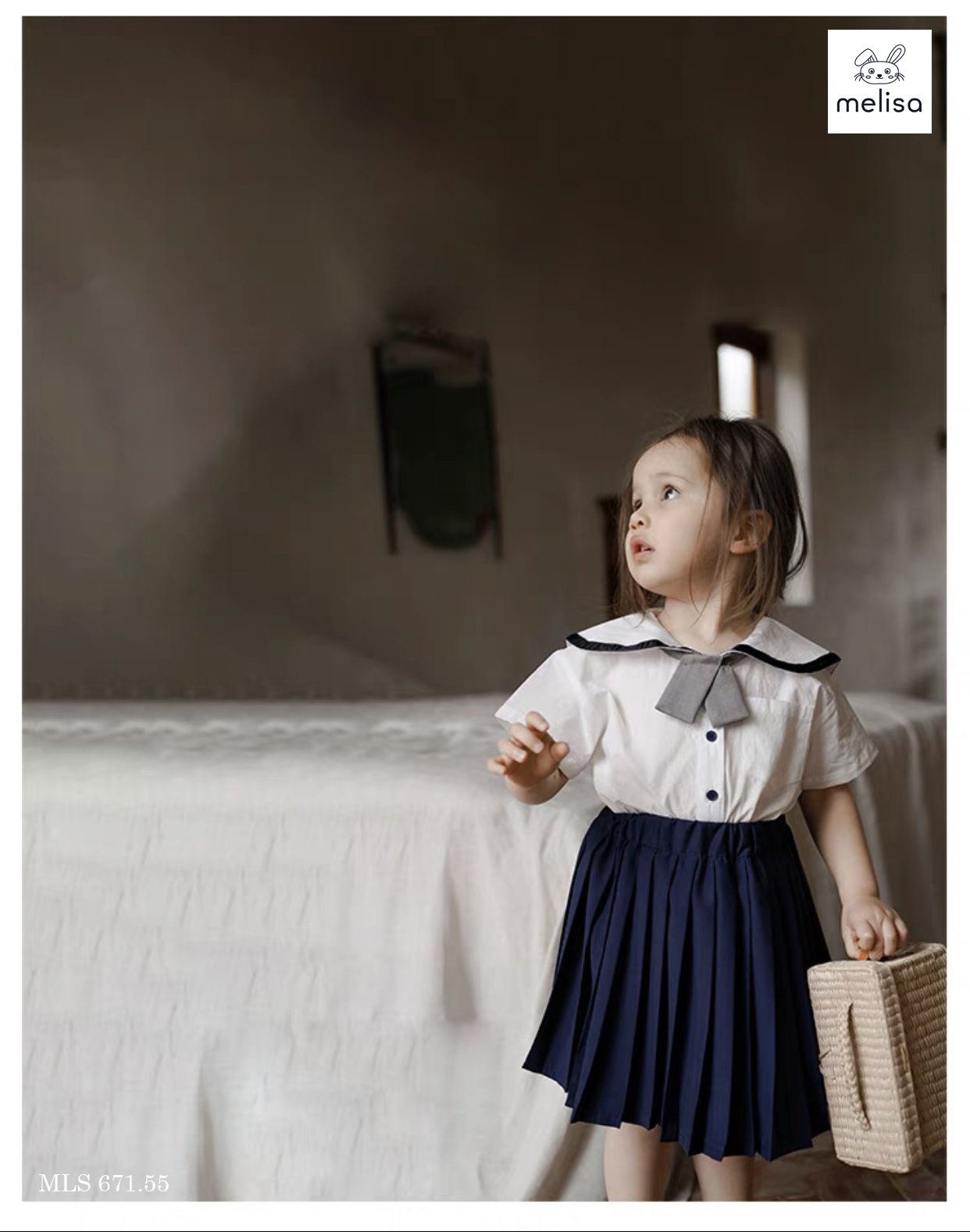 Set thô Melisa áo trắng kèm cavat - chân váy liền quần màu navy size 2 - 11y
