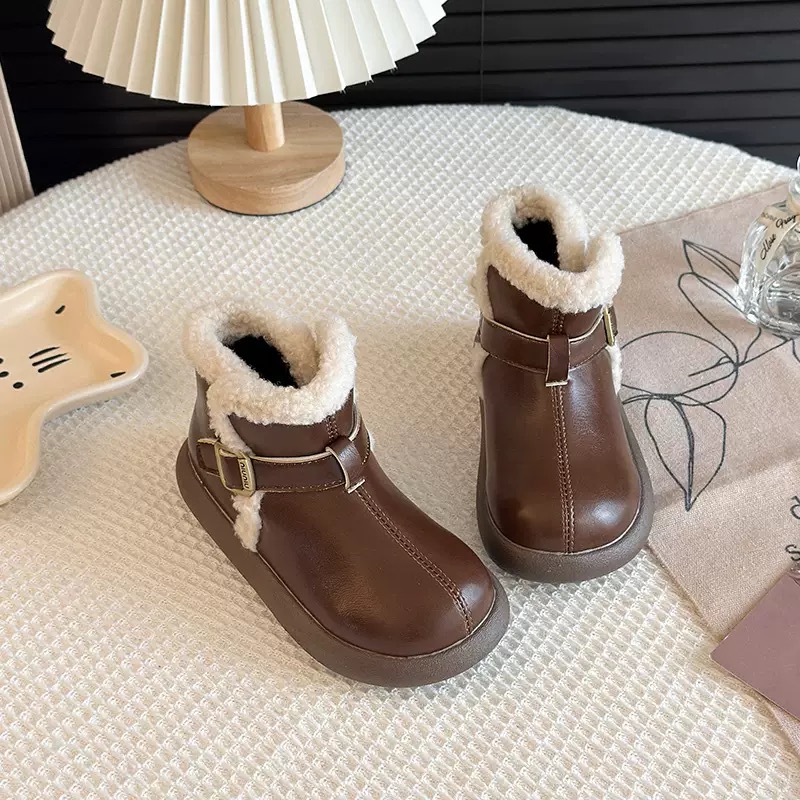 Bốt da cổ thấp viền lông 2 màu nâu/đen cho bé size 23-36