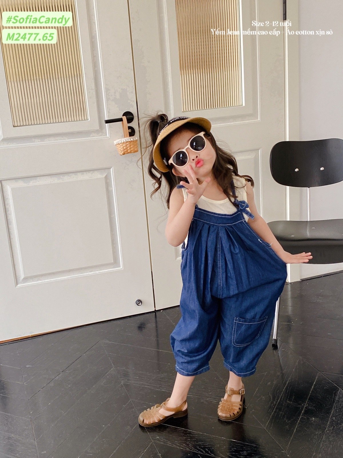 Set Mia Kids yếm xanh jeans phối áo ba lỗ trắng thun tăm size 1 - 10y