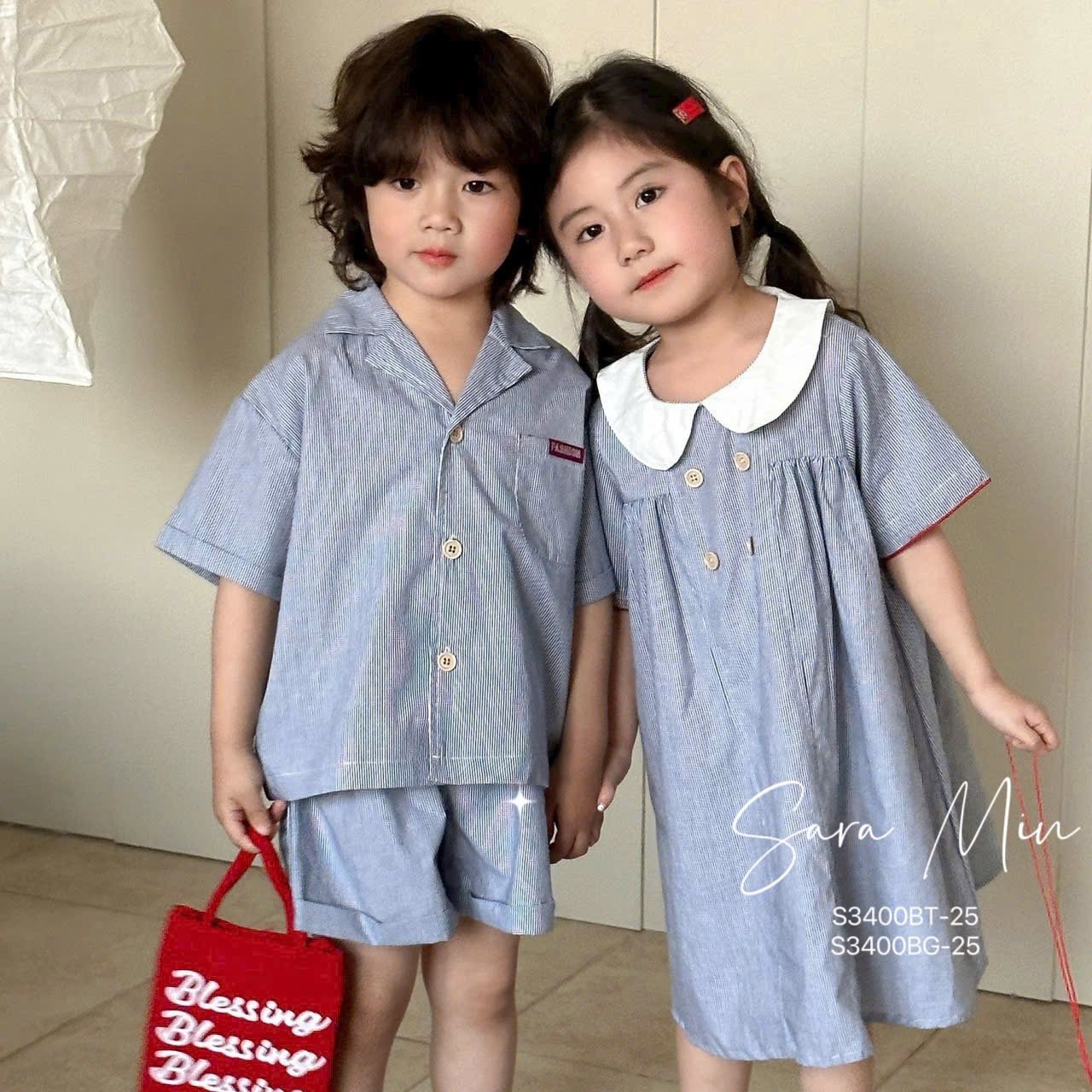 S3400 - Set bộ/ Váy Sara Min kẻ xanh cho bé mặc đôi size 2-12y