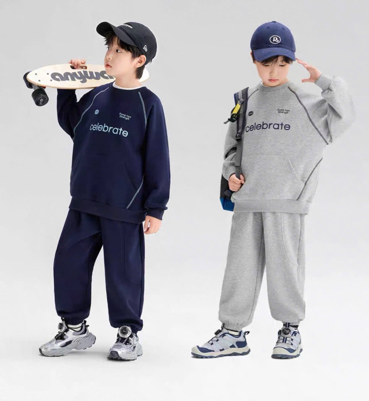Bộ nỉ da cá Win Win Celebrate 2 màu ghi/navy bé trai size 9-14y