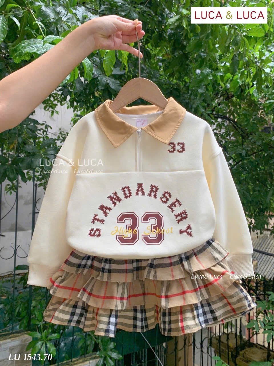 LU 1543 - Bộ LUCA áo be cổ đức + chân váy kẻ BBR liền quần bé gái size 2-12y