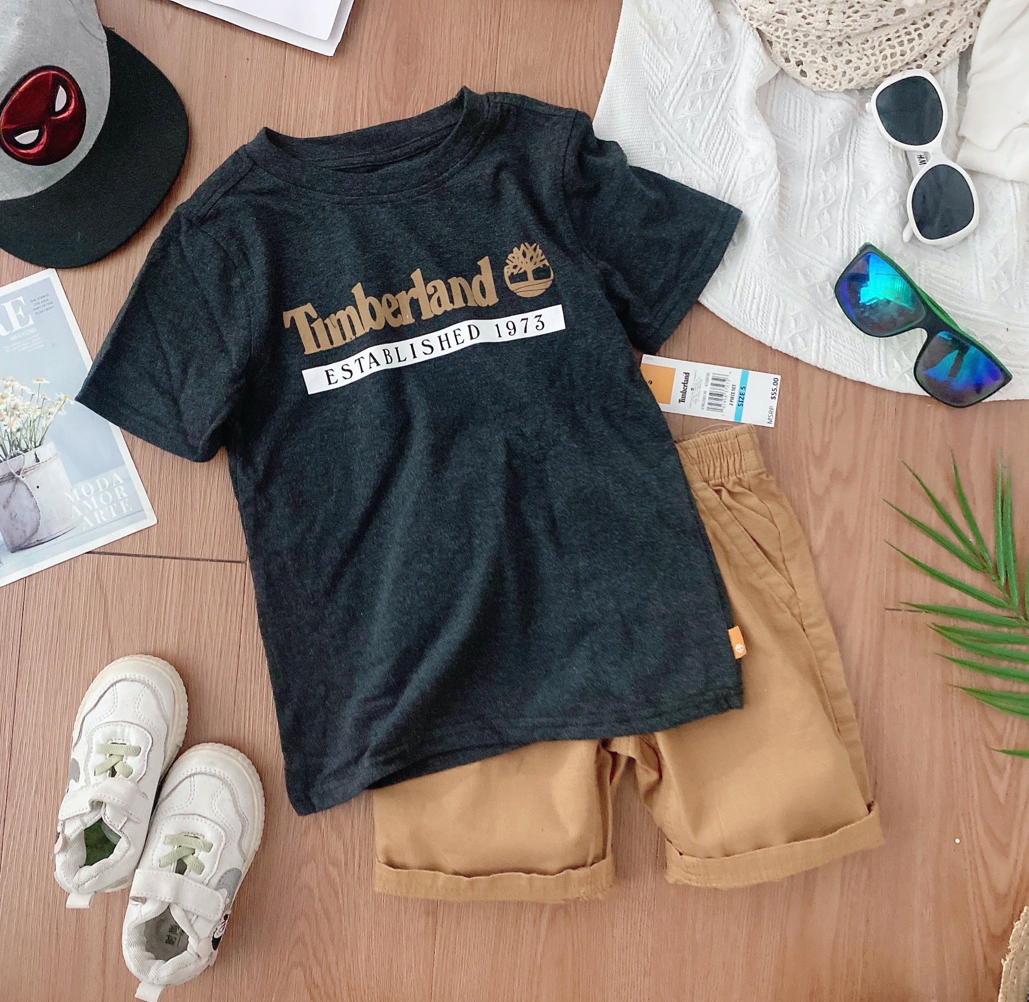 Bộ Timberland áo cotton - quần kaki nhiều hình BT size 3m - 7y