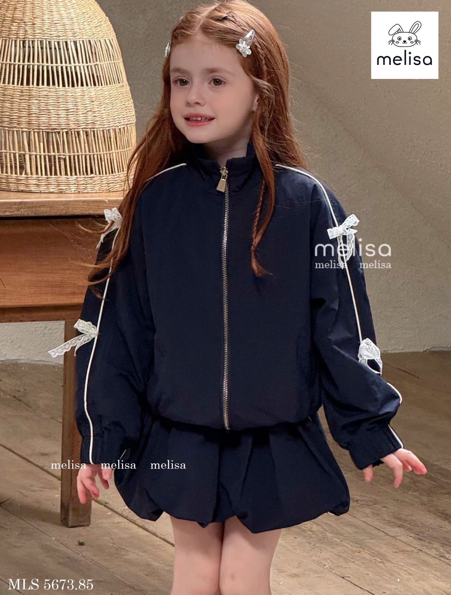 MLS 5673 - Bộ gió Melisa áo khoác navy nơ + chân váy liền quần size 2-12y