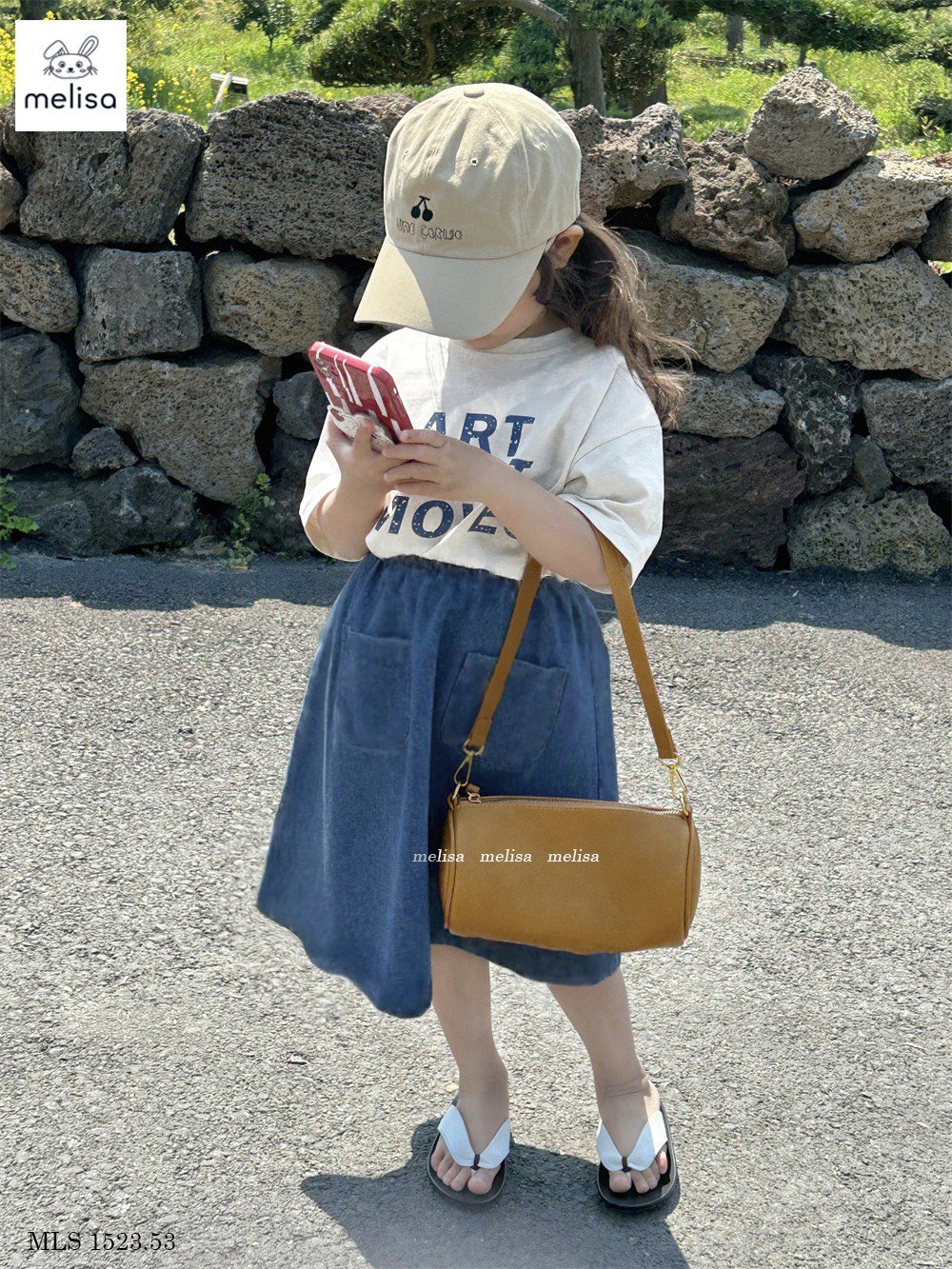 Bộ Melisa áo trắng in chữ + chân váy xanh jean BG size 3-12y