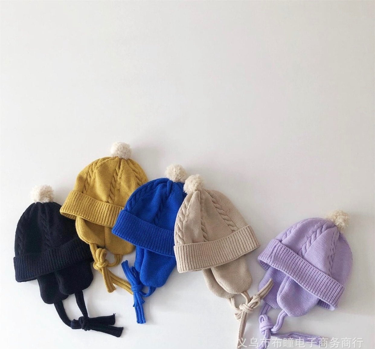 Mũ len lót cotton chóp cục bông - che tai dây buộc