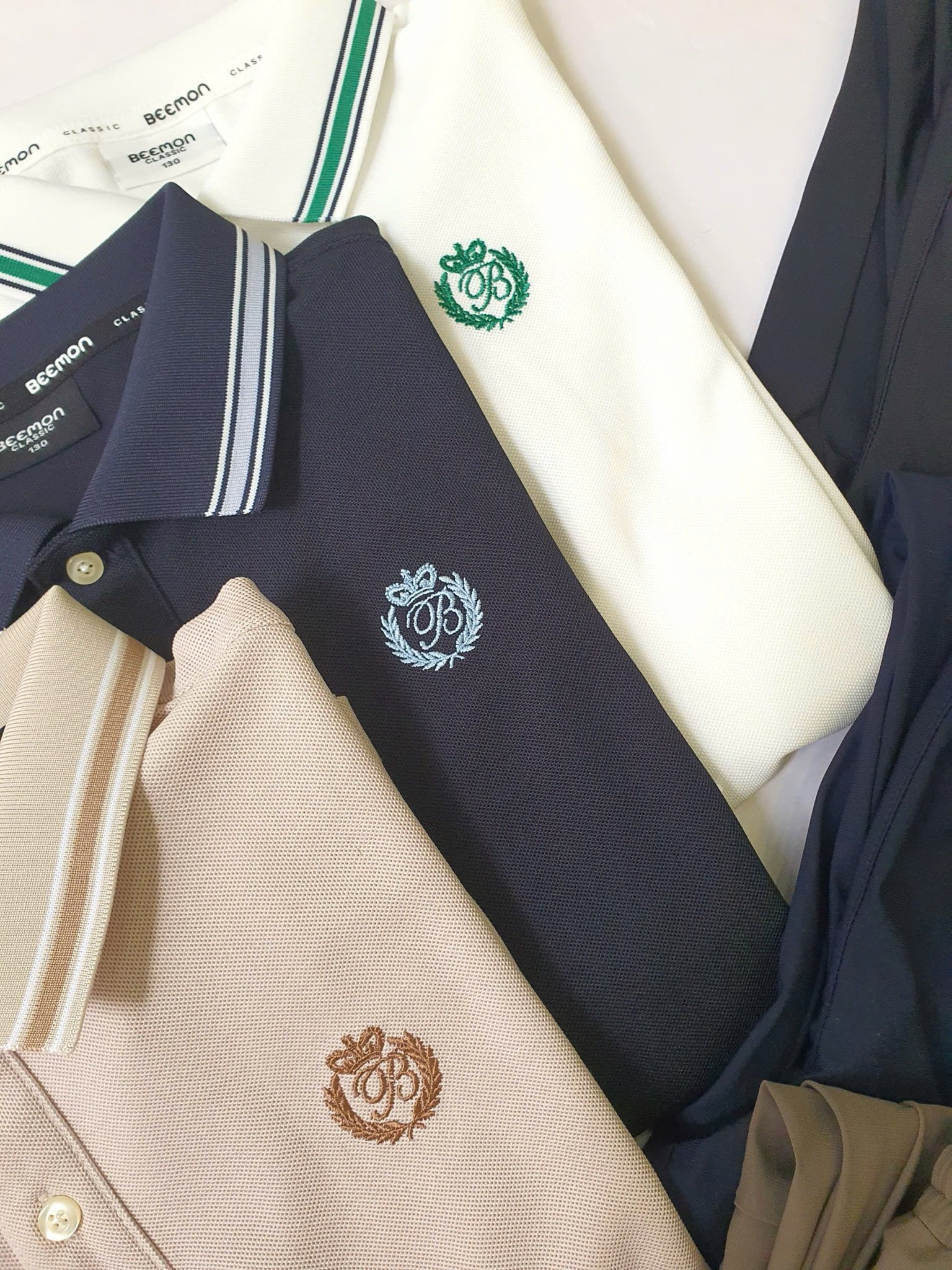 Bộ Polo cổ đức Beemon dài tay 3 màu trắng / be / navy cho bé size 120 - 160