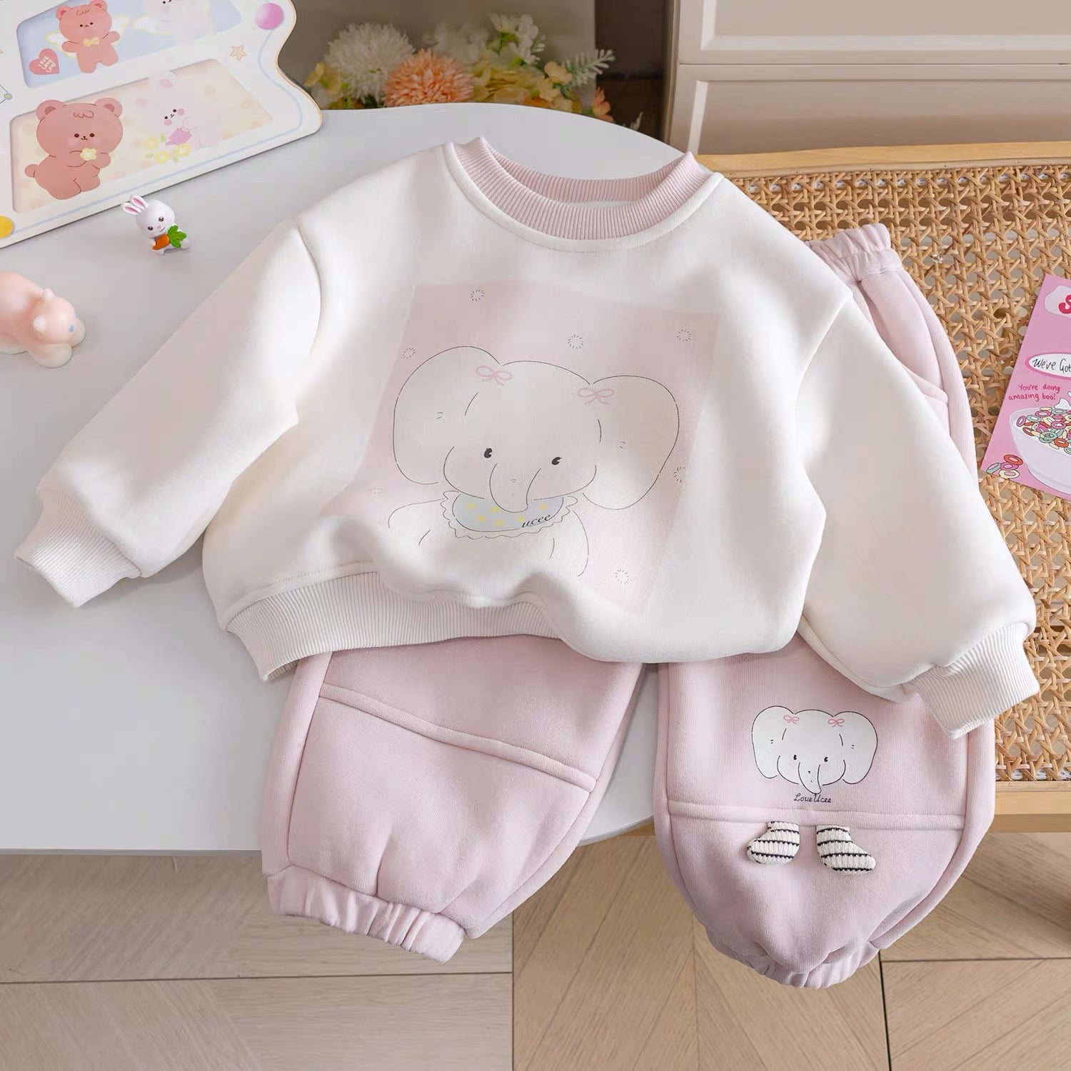 269279 - Bộ nỉ Ucee hình voi hồng đại hàn cho bé size 90-130