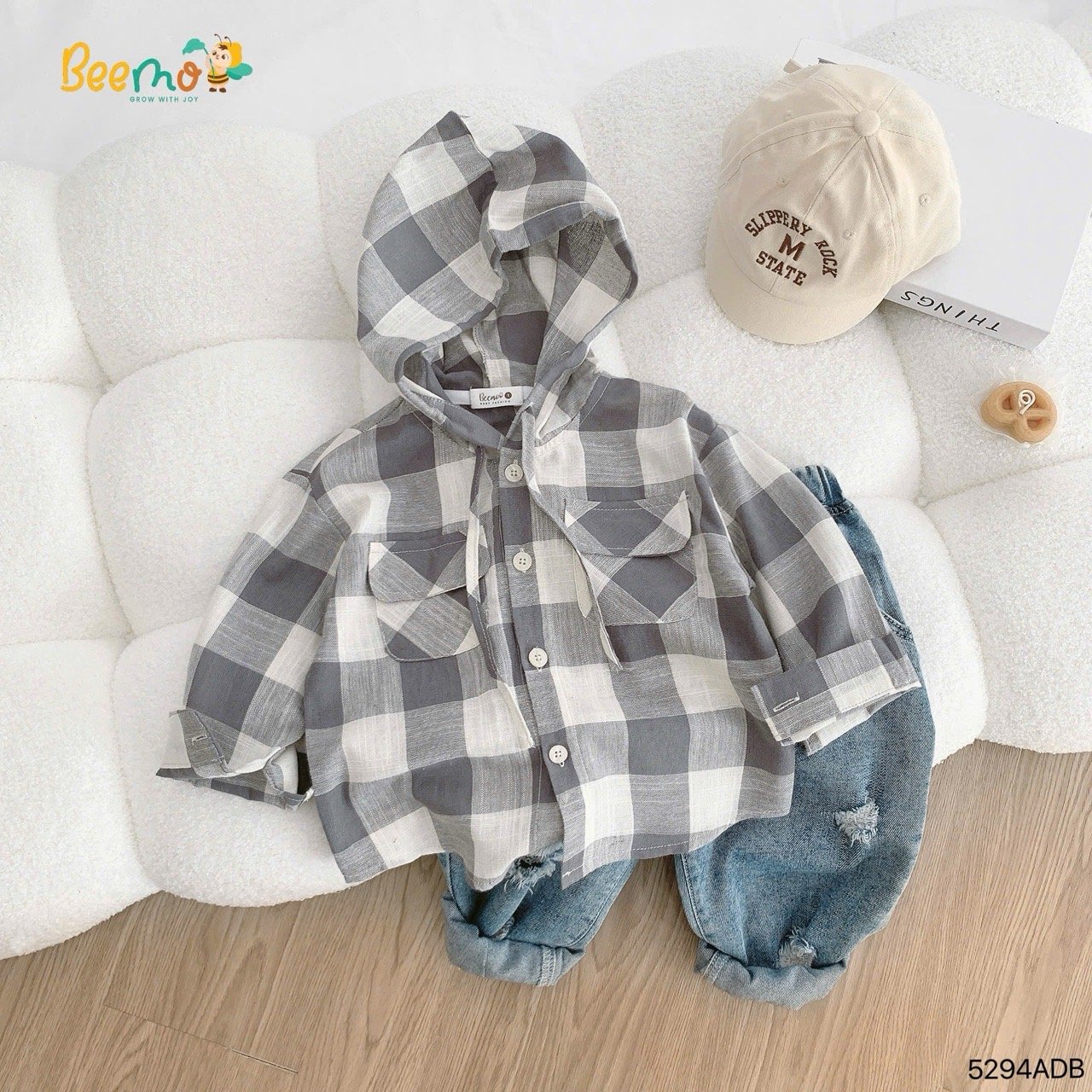 Áo sơ mi Beemo kẻ caro liền mũ 2 màu cho bé size 1-6y