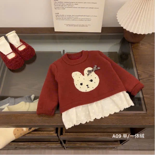 A09 - Áo len lót lông thỏ đính nơ 2 màu be/đỏ bé gái size 90-130