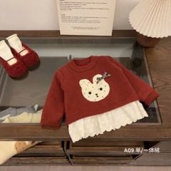 A09 - Áo len lót lông thỏ đính nơ 2 màu be/đỏ bé gái size 90-130