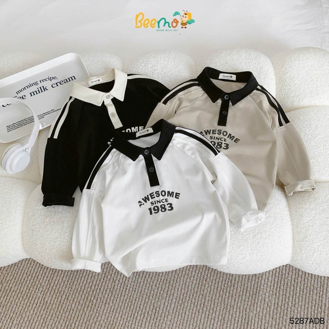 Áo polo cổ đức Beemo phối chữ Awesome 3 màu cho bé trai size 1-6y