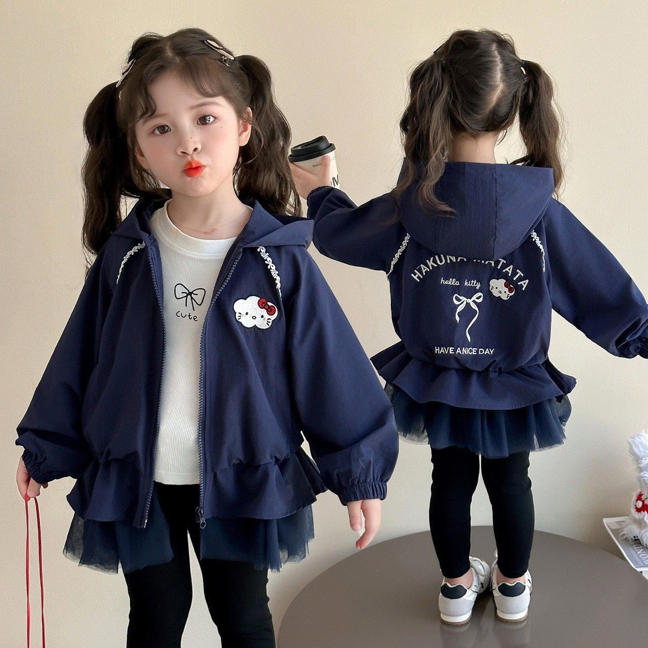 K2926 - Áo khoác gió QC Uceekids kitty màu navy chân ren bé gái size 90-130