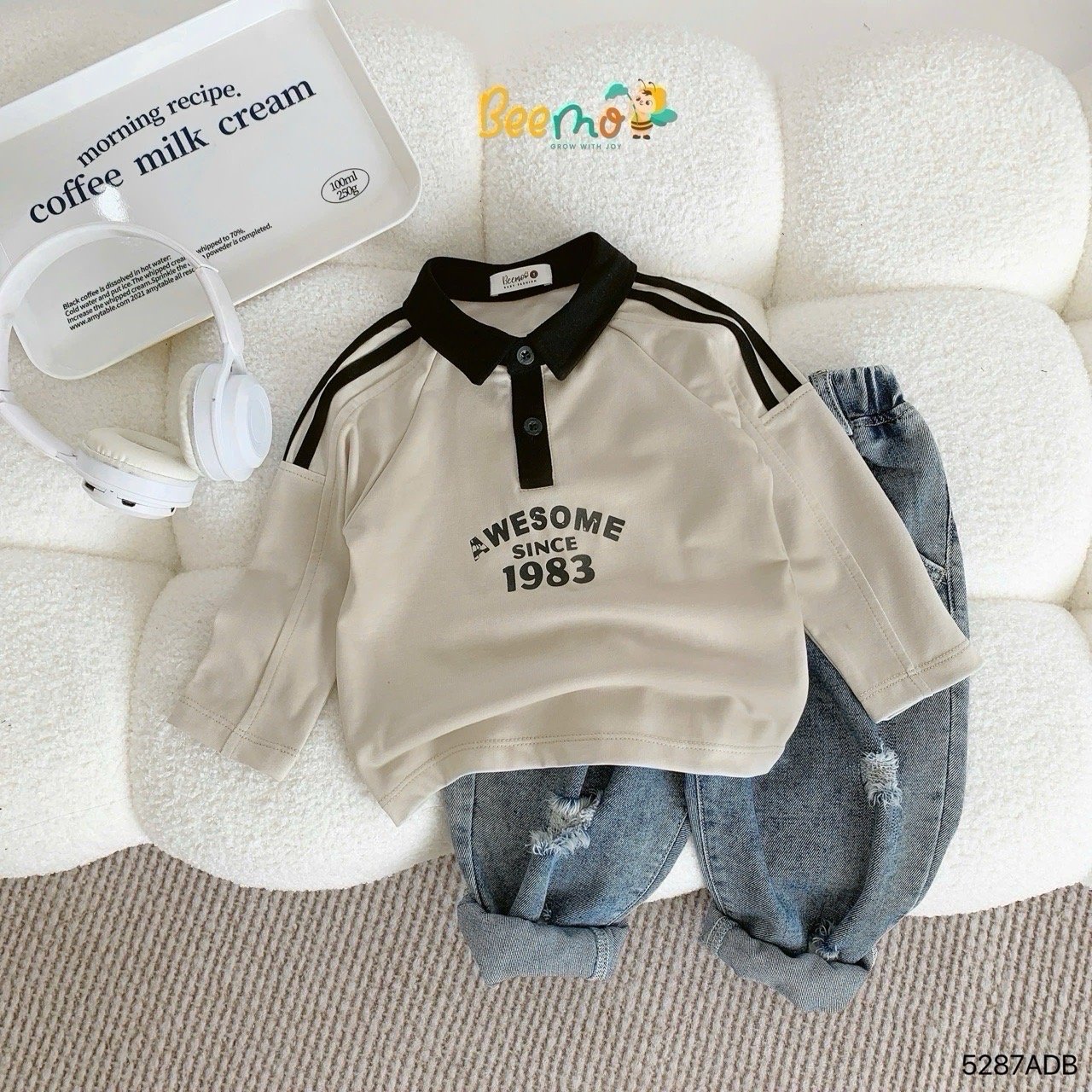 Áo polo cổ đức Beemo phối chữ Awesome 3 màu cho bé trai size 1-6y