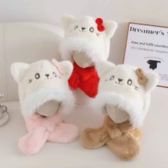 PK12 - Mũ choàng lông liền khăn hình mèo đeo nơ nhiều màu Free size 2 - 6y