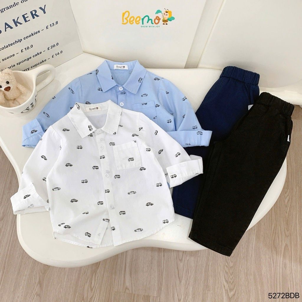 Bộ Beemo áo sơ mi ô tô in tràn + quần kaki bé trai 2 màu trắng/đen size 1-6y