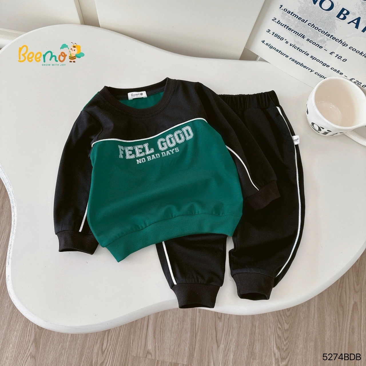 Bộ cotton dài tay phối chữ Beemo 2 màu nâu/xanh bé trai size 1-6y