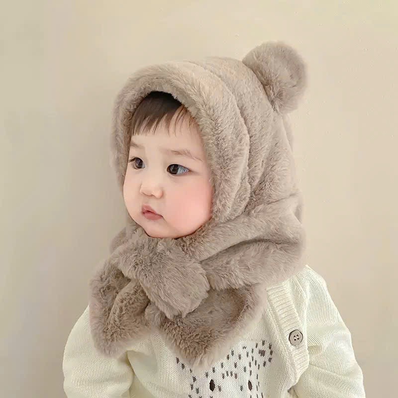 PK08 - Mũ choàng lông liền khăn tai gấu trơn màu cho bé Free size 2 - 6y