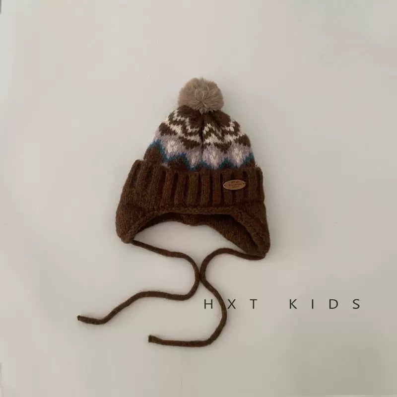 Mũ len chùm tai cục bông họa tiết thổ cẩm cho bé size 47-52cm