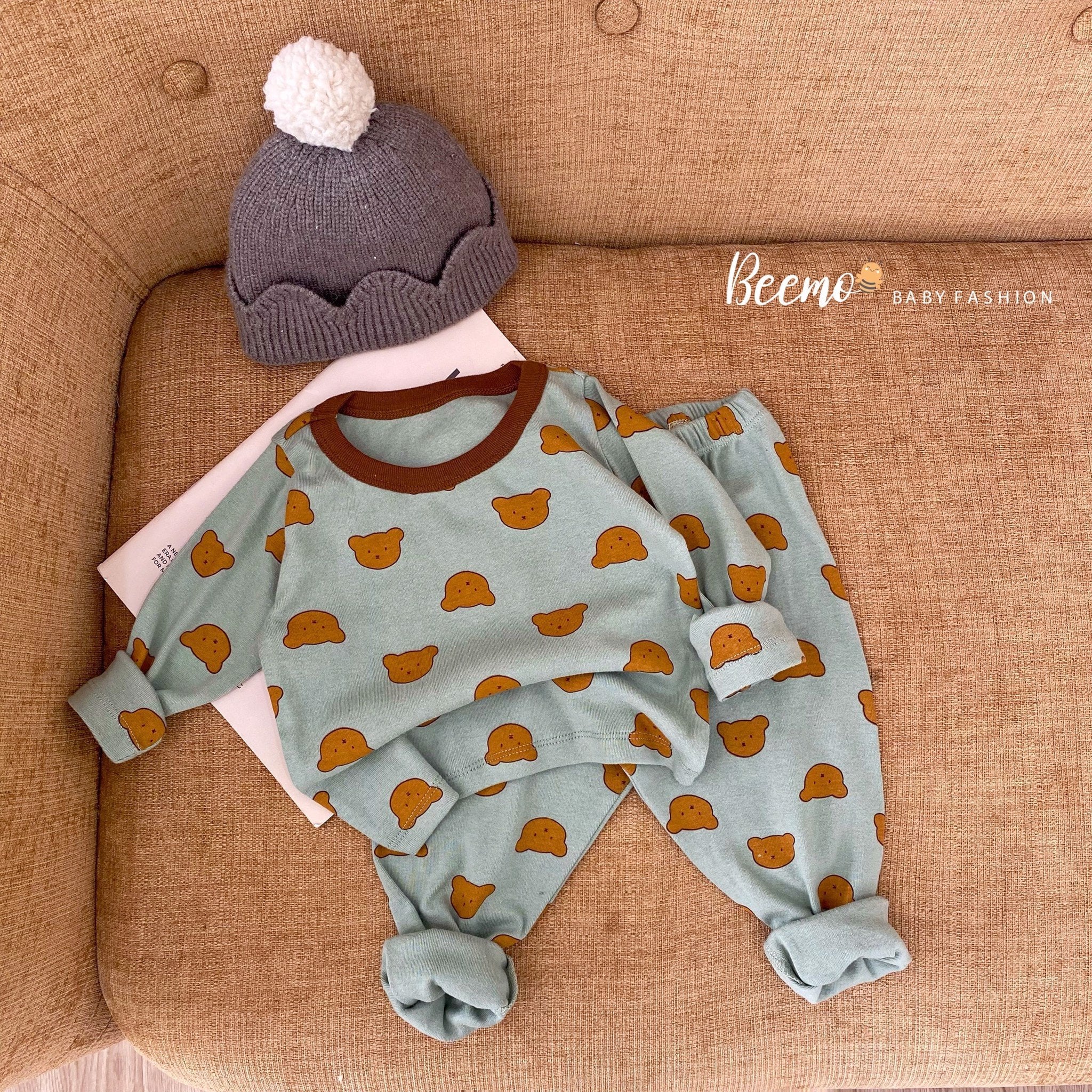 Bộ cotton Beemo hình mặt gấu in tràn 3 màu size 80 - 130