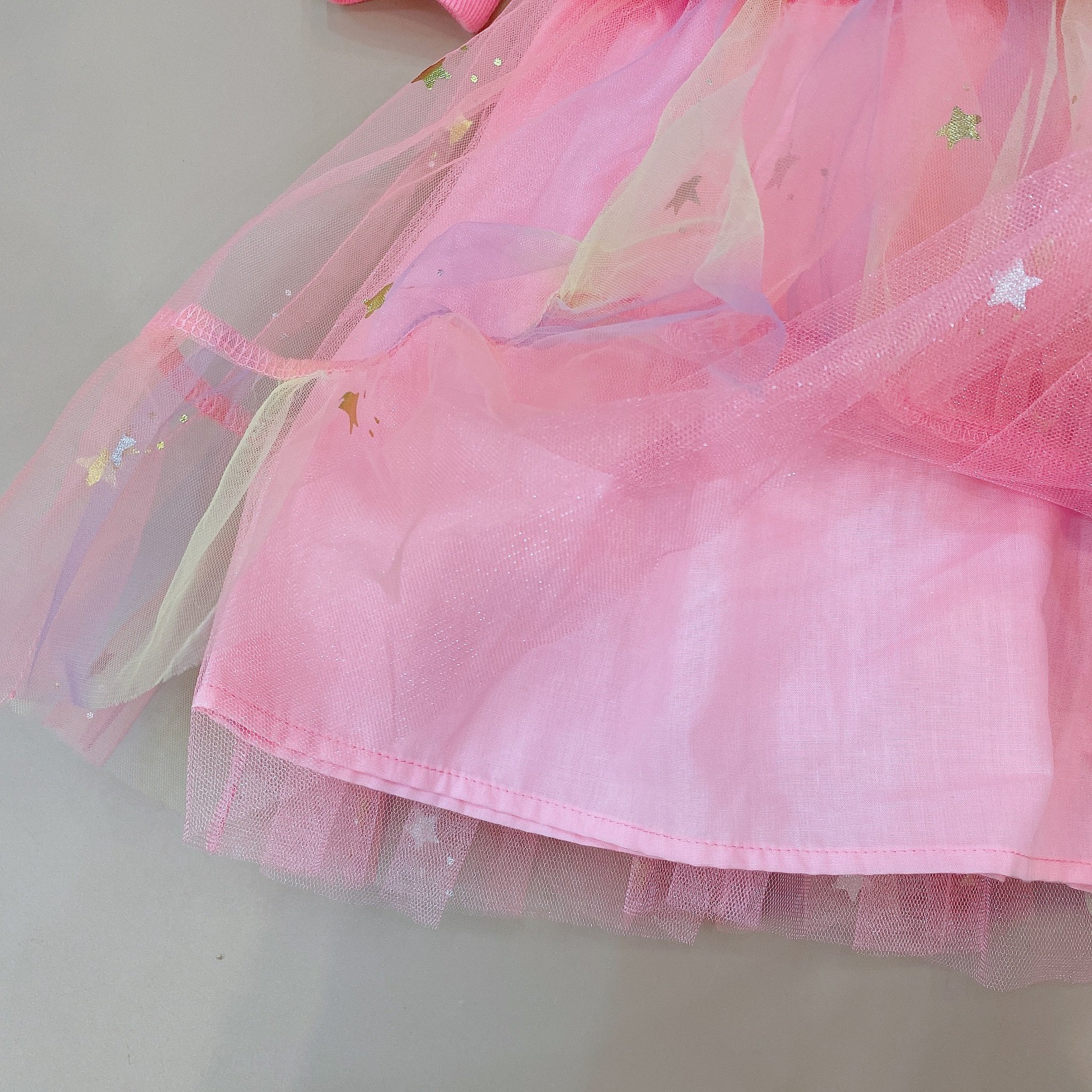 Váy nỉ da cá Bobdog màu hồng bèo vai phối chân voan sao size 110 - 140