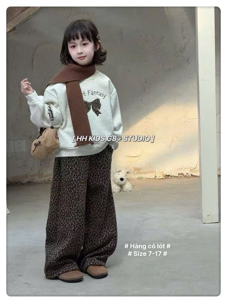 25398 - Set bộ QCCC lót nỉ đại hàn màu ghi phối da báo bé gái size 120-160