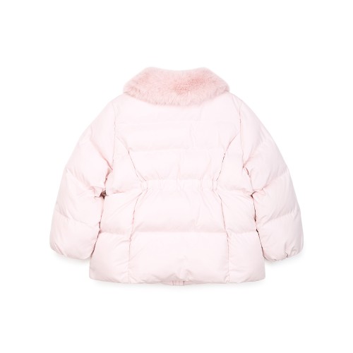 Áo khoác phao xuất Hàn màu hồng cổ lông bé gái size 100-140