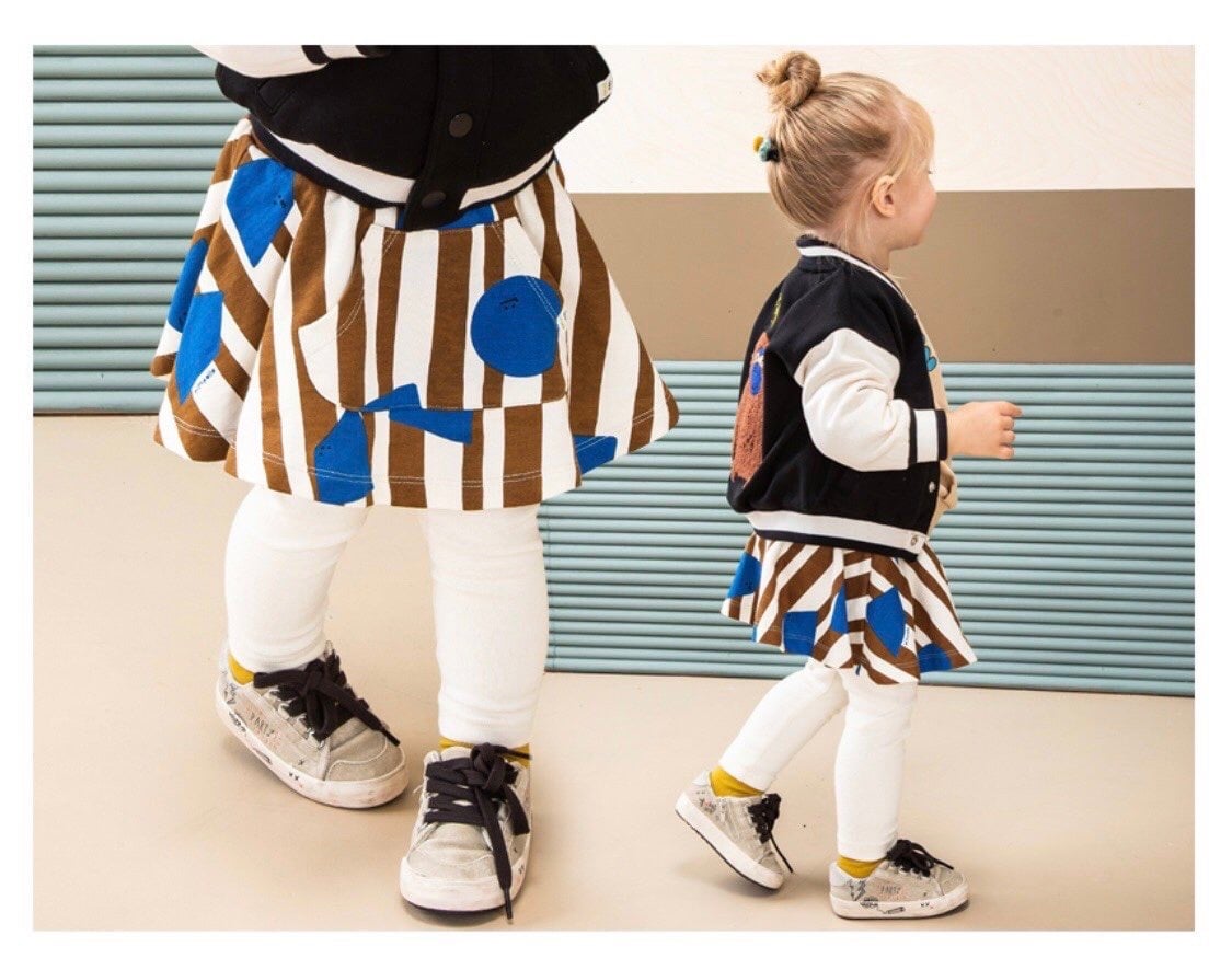 Quần cotton liền váy Pimpollo be phối sọc nâu họa tiêt xanh