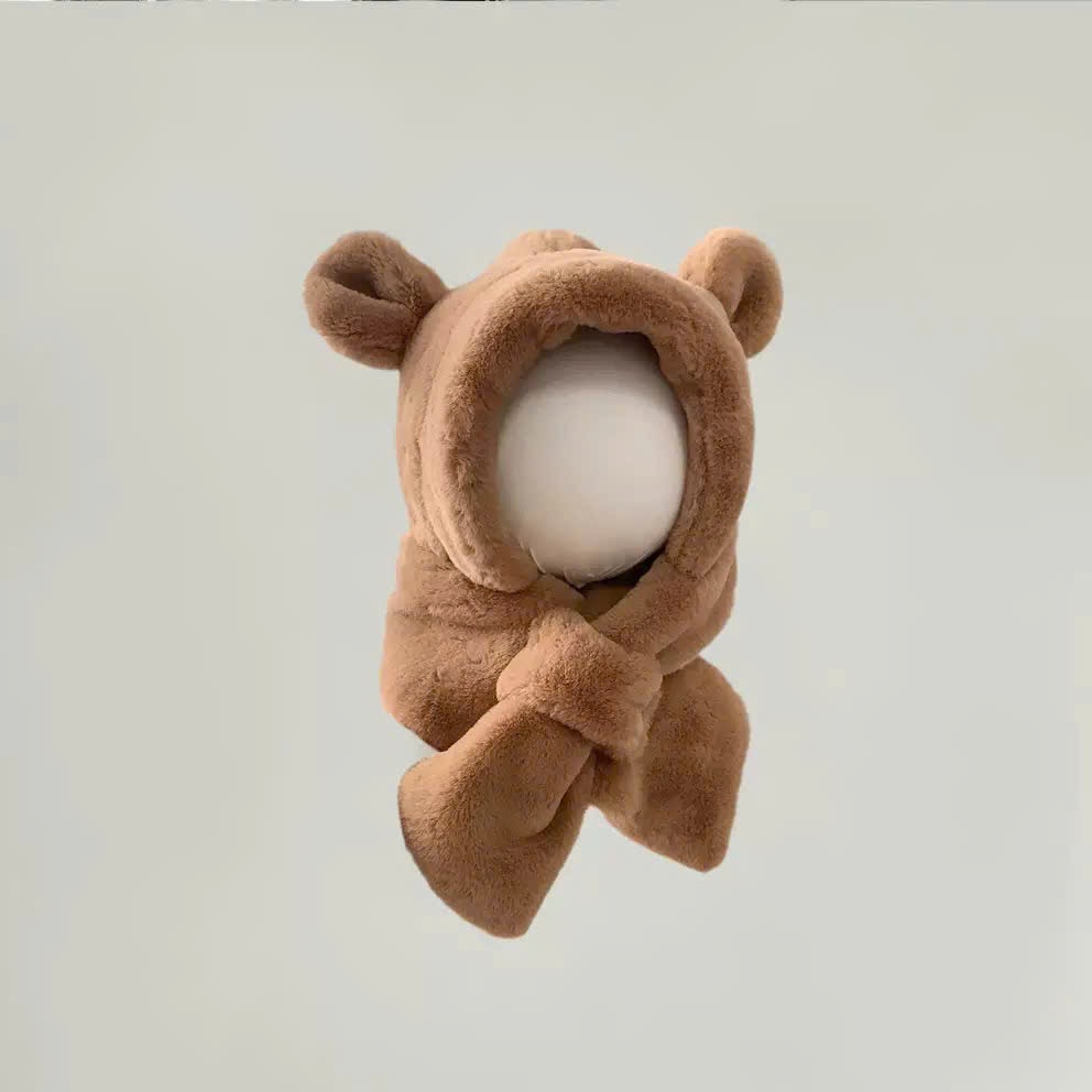 PK08 - Mũ choàng lông liền khăn tai gấu trơn màu cho bé Free size 2 - 6y