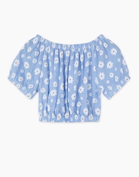 Áo croptop trễ vai bo chun hoa xanh/vàng BG