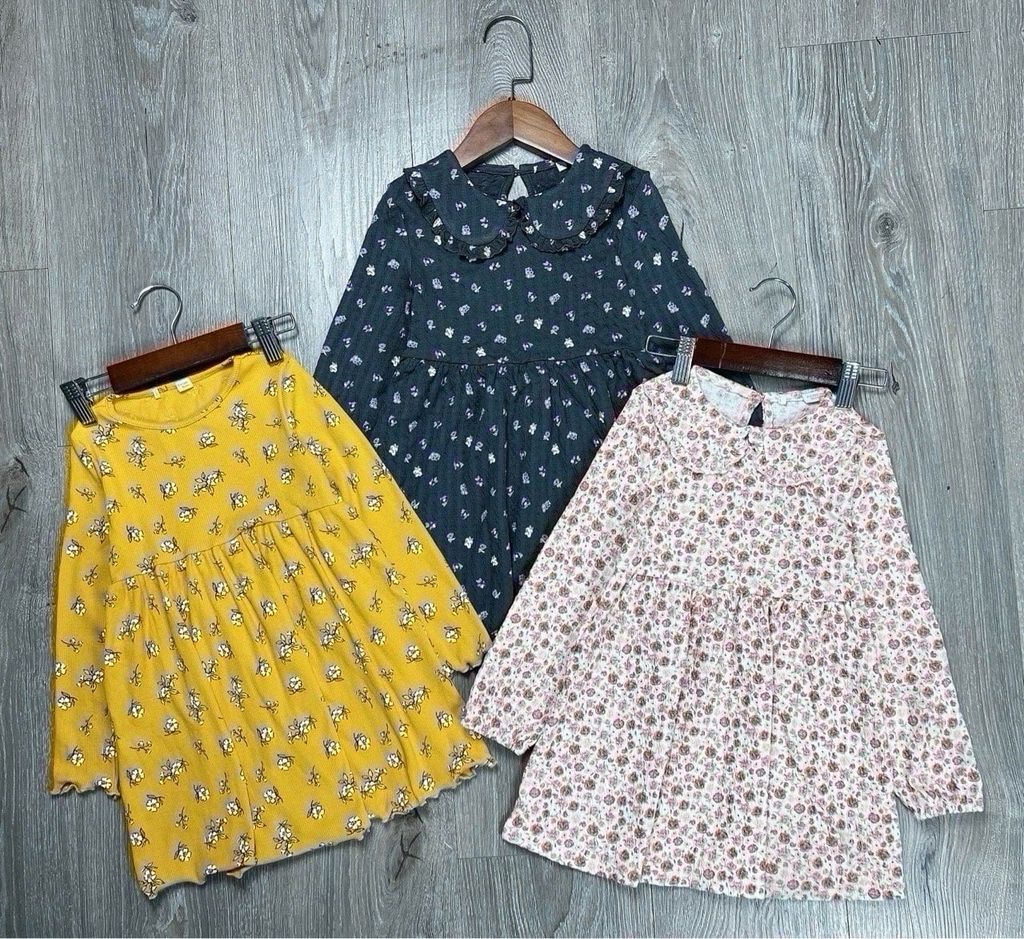 V00014 - Váy thun nhăn / thun tăm hoa nhí 3 màu size 24m - 8y