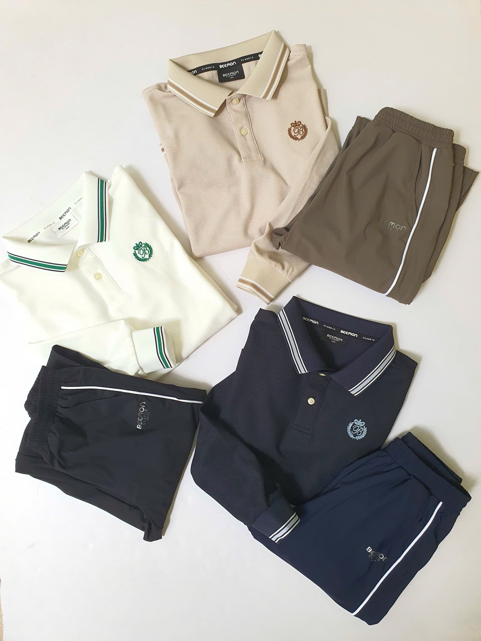 Bộ Polo cổ đức Beemon dài tay 3 màu trắng / be / navy cho bé size 120 - 160