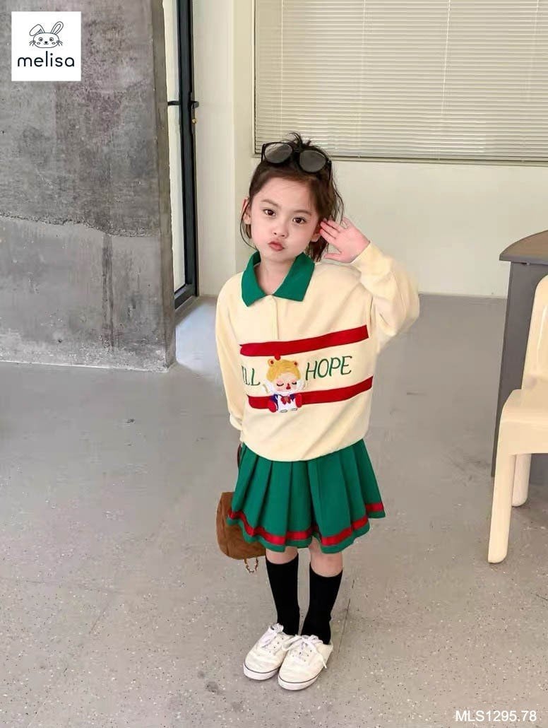Set da cá Melisa áo kem phối xanh lá Well Hope + chân váy xanh lá size 2 - 12y