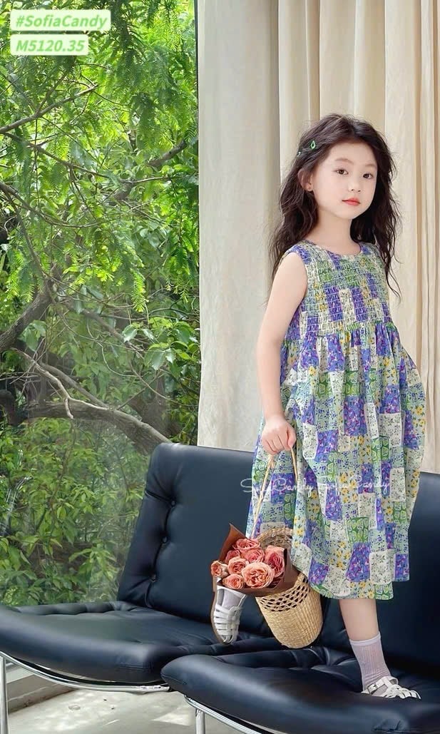 M5120 - Váy Mia Kids hoa tím xanh thêu smock cho bé gái size 1-10y