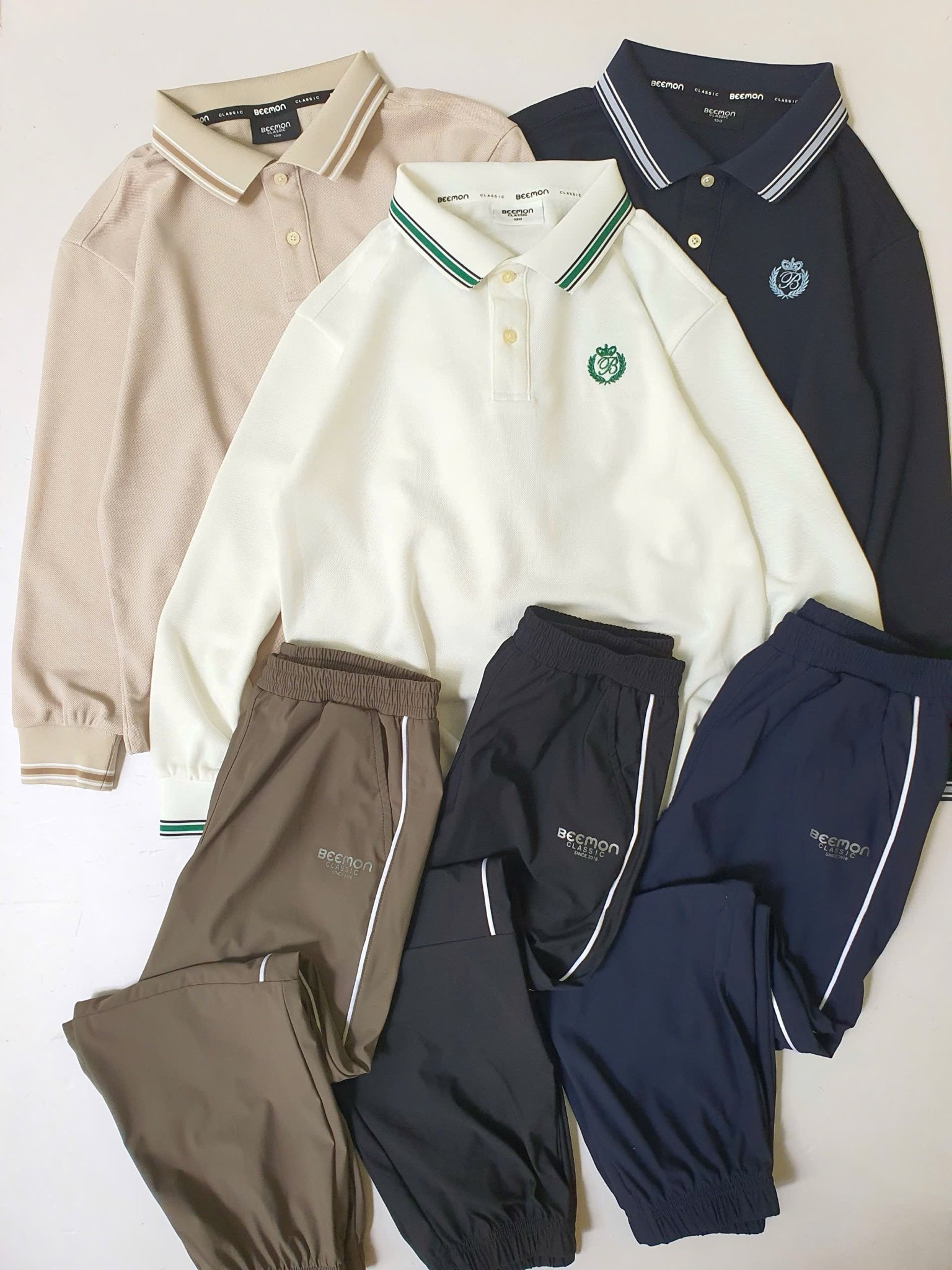 Bộ Polo cổ đức Beemon dài tay 3 màu trắng / be / navy cho bé size 120 - 160
