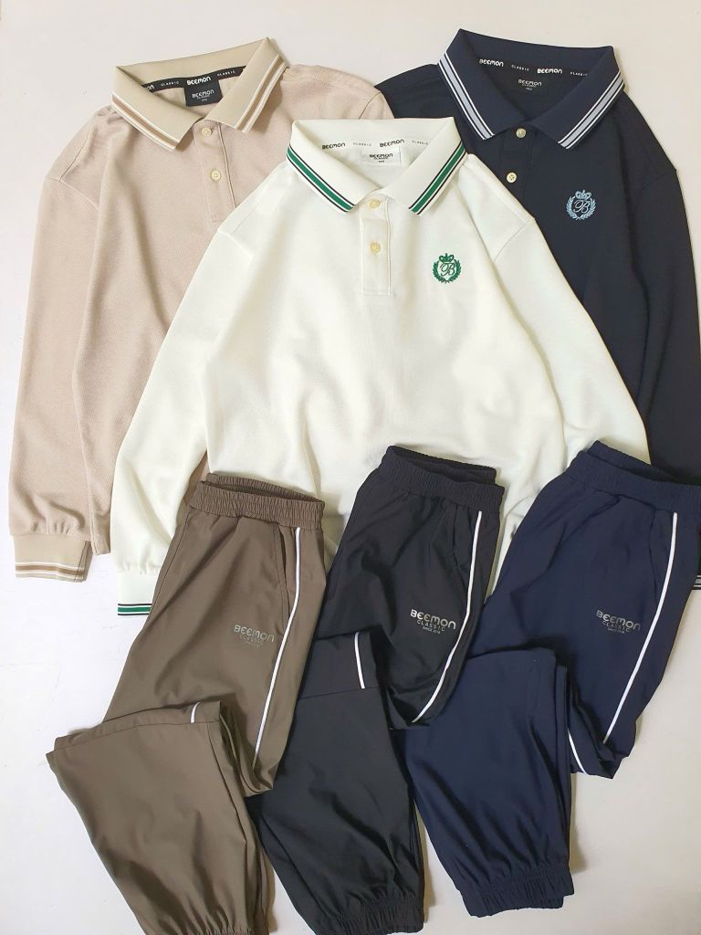Bộ Polo cổ đức Beemon dài tay 3 màu trắng / be / navy cho bé size 120 - 160