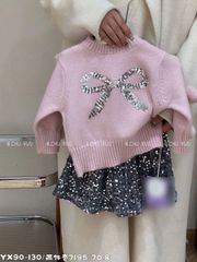 7195 - Set 2ct áo cardigan len hồng đính nơ + chân váy bé gái size 90-130