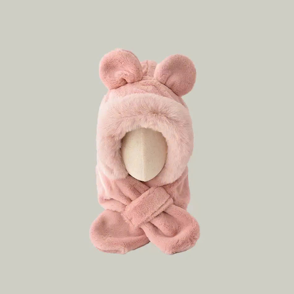 PK07 - Mũ choàng lông liền khăn tai gấu phối viền cho bé Free size 2 - 6y