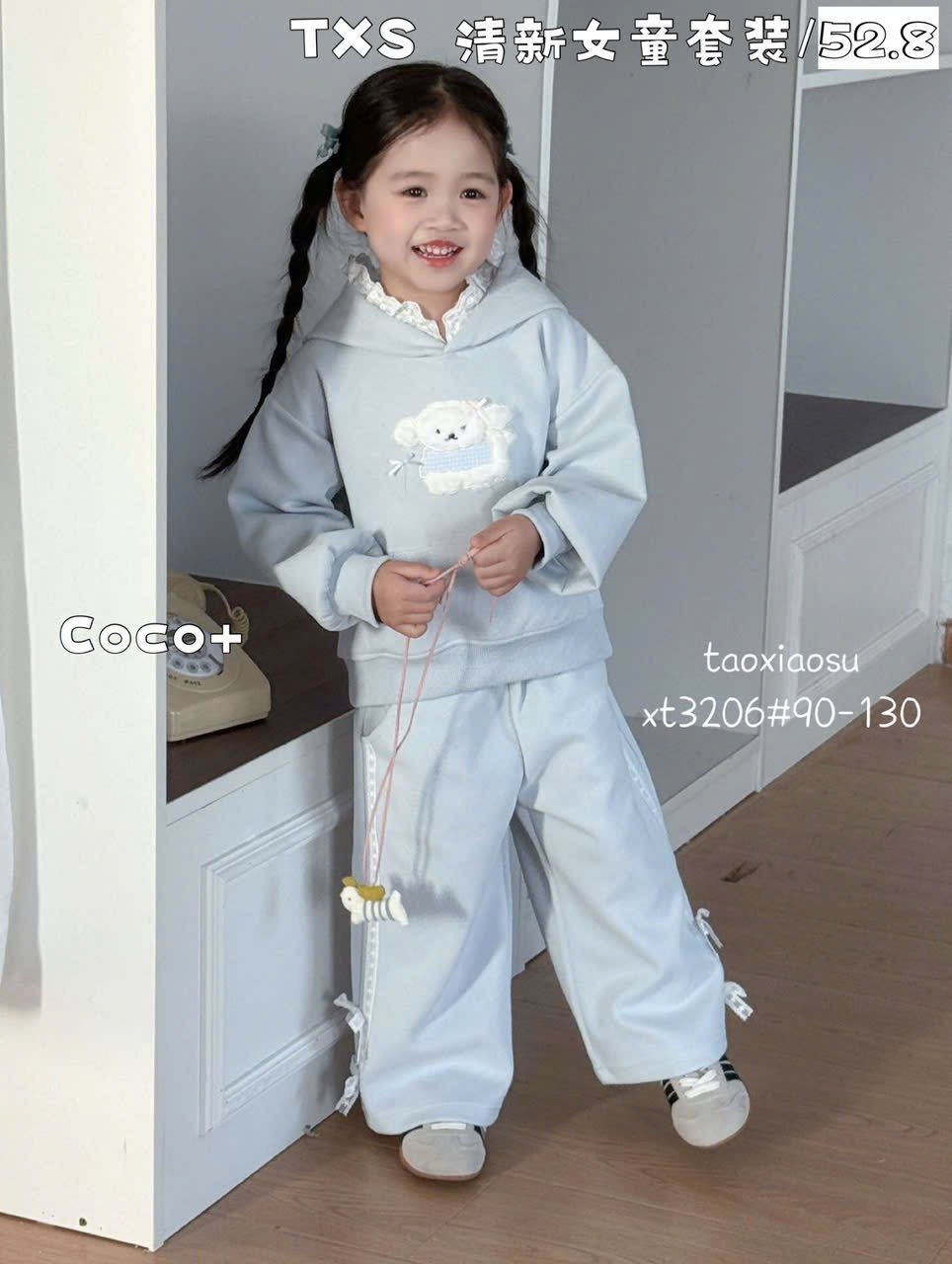 X3206 - Bộ nỉ hoodie QC hình cún bông 2 màu cho bé gái size 90-130