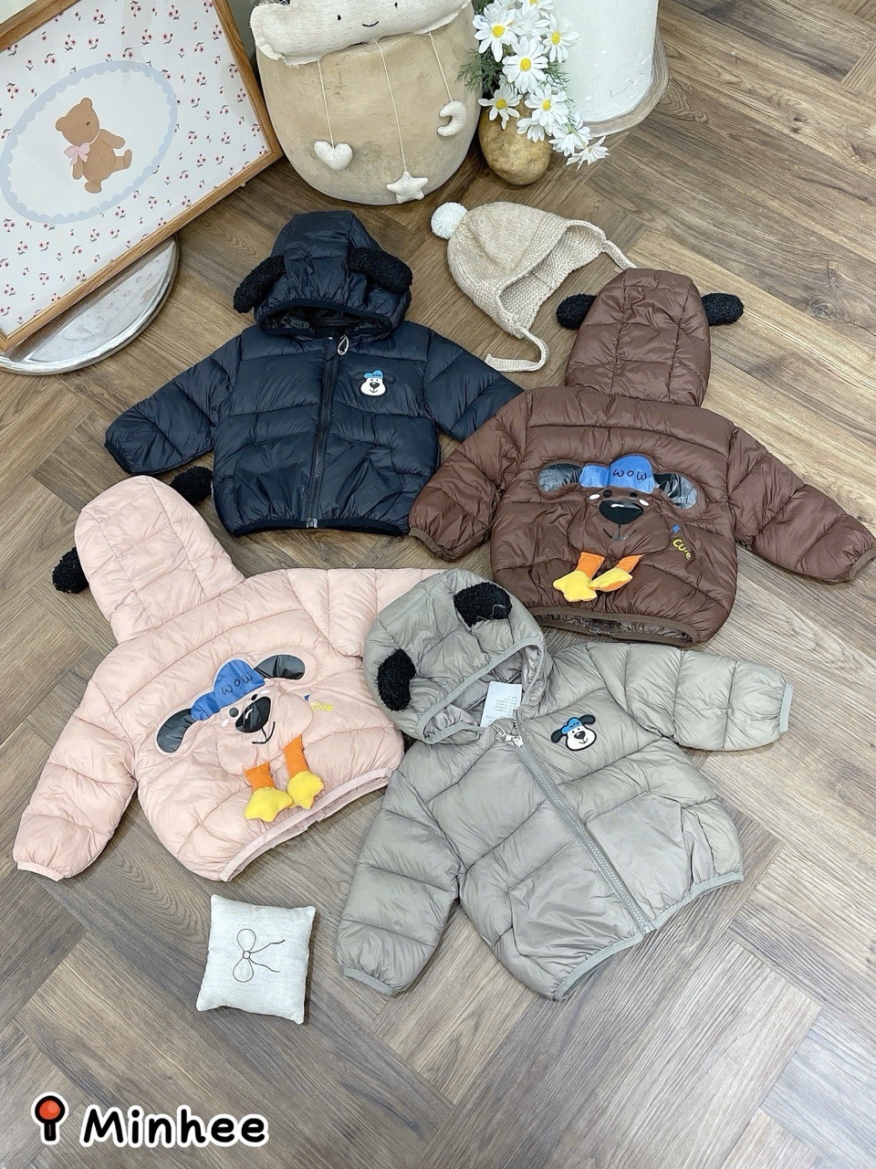 Áo khoác phao siêu nhẹ mũ động vật nhiều màu cho bé size 90-130