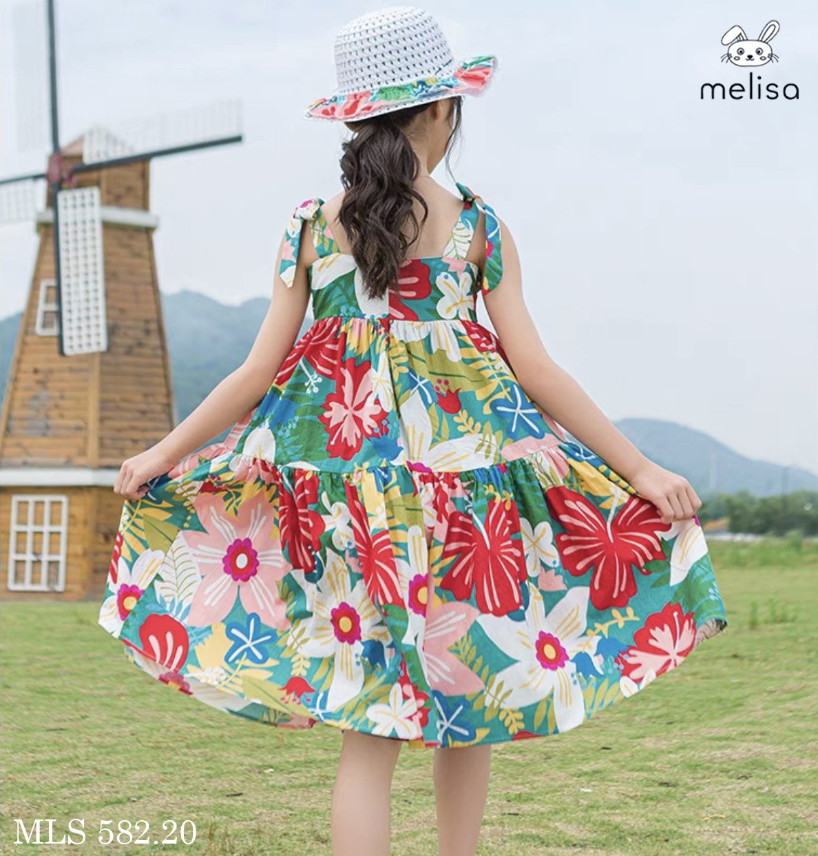 V00005 - Váy thô hai dây nơ vai Melisa hoa sắc màu size 2 - 11y