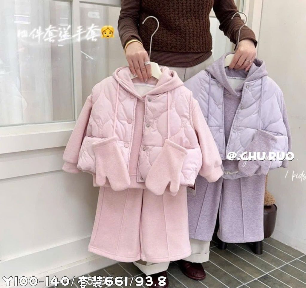 Set 4ct bộ nỉ lót lông + gile + găng tay cho bé size 100-140