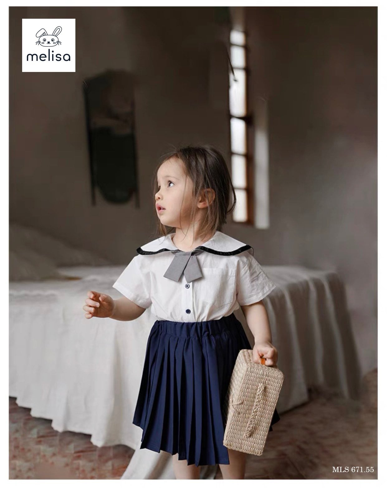 Set thô Melisa áo trắng kèm cavat - chân váy liền quần màu navy size 2 - 11y