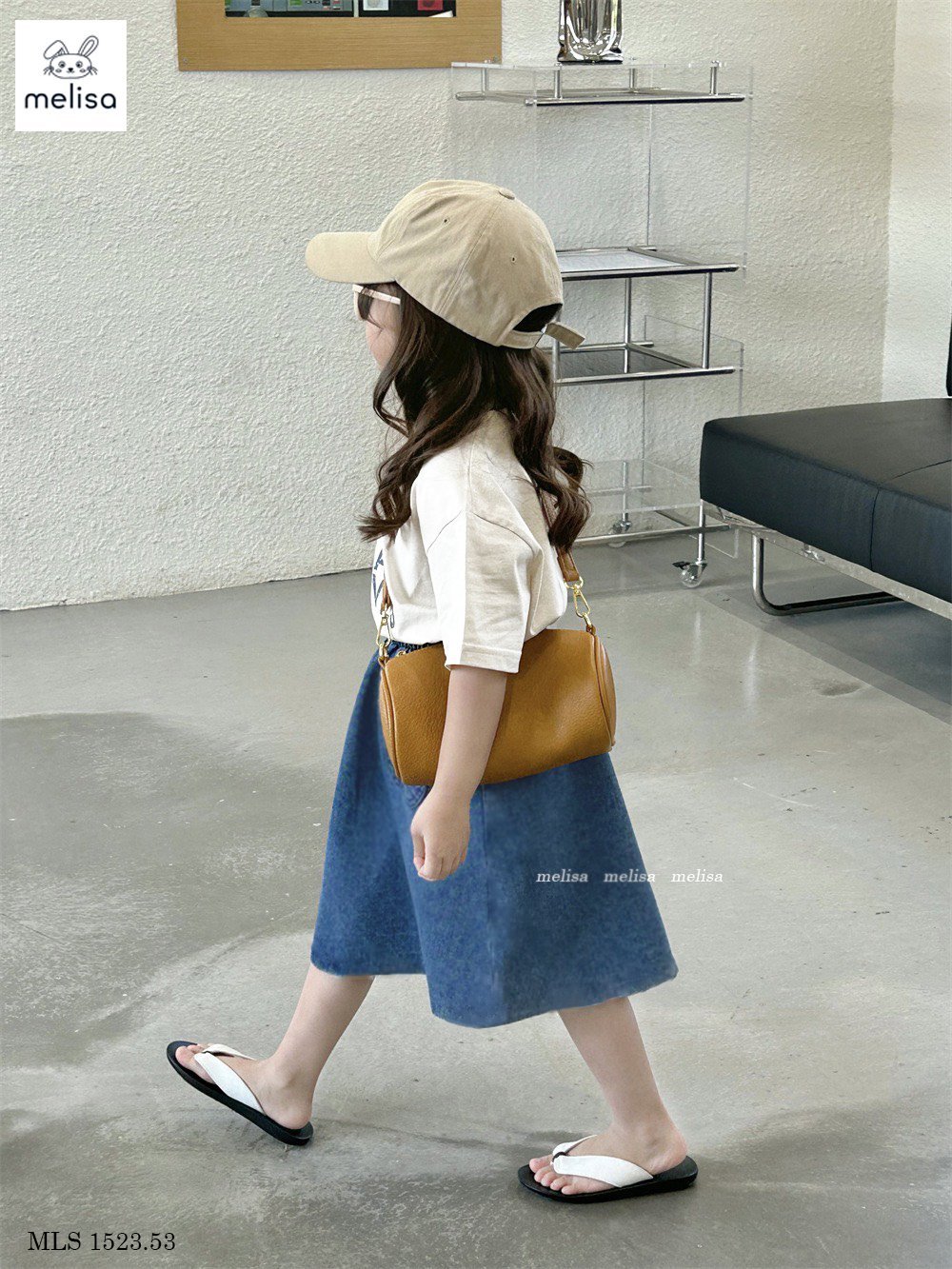 Bộ Melisa áo trắng in chữ + chân váy xanh jean BG size 3-12y