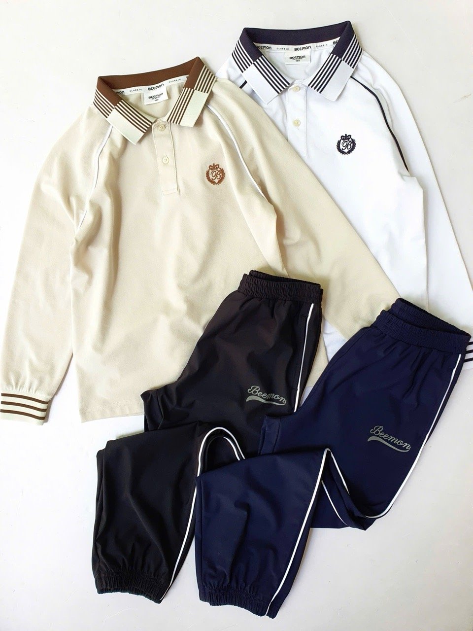 BM2508ST01 - Bộ Polo cổ kẻ Beemon dài tay 2 màu be nâu / trắng đen cho bé size 120 - 160