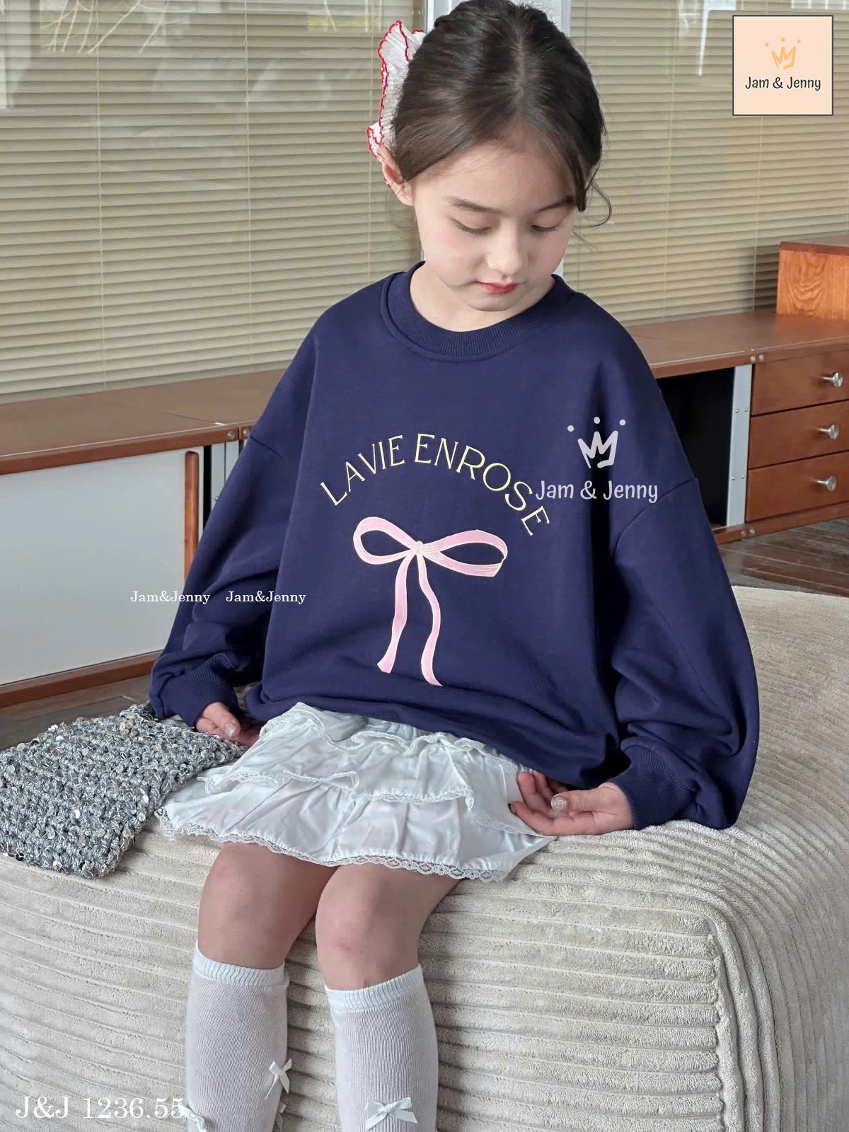 JJ 1236 - Set bộ Jam & Jenny áo nỉ da cá navy nơ + chân váy trắng size 2-12y