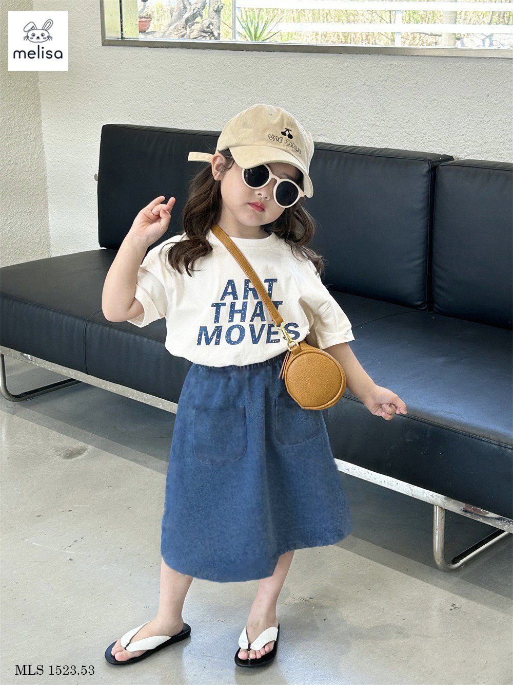 Bộ Melisa áo trắng in chữ + chân váy xanh jean BG size 3-12y