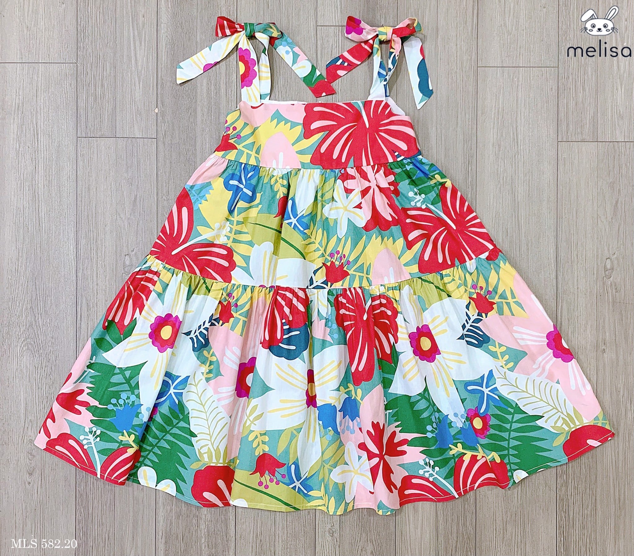 V00005 - Váy thô hai dây nơ vai Melisa hoa sắc màu size 2 - 11y