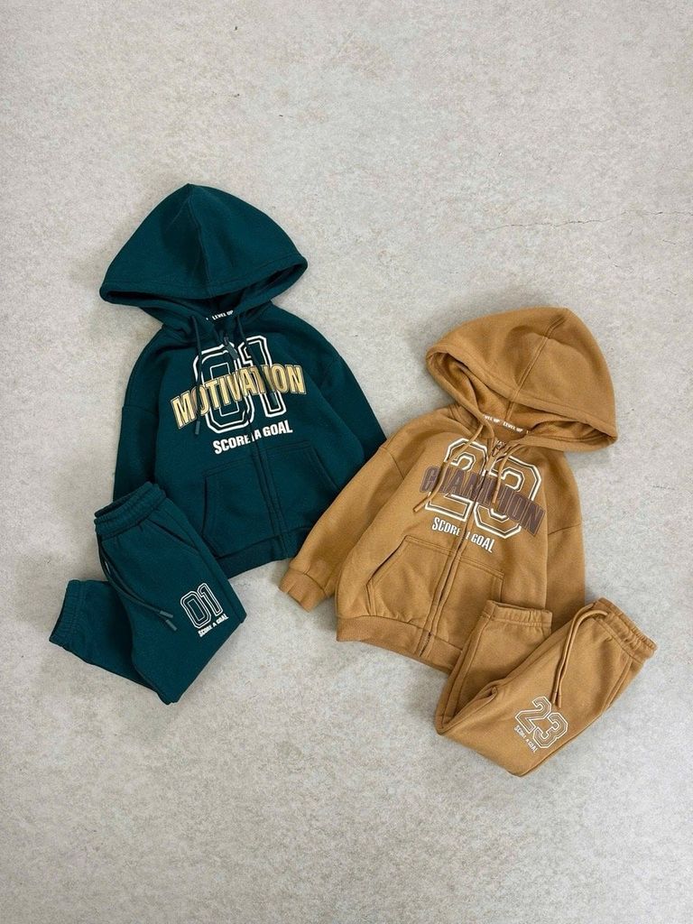 BBT21 - Bộ nỉ bông GGJJ kéo khóa 2 màu nâu/xanh cho bé size 2-8y