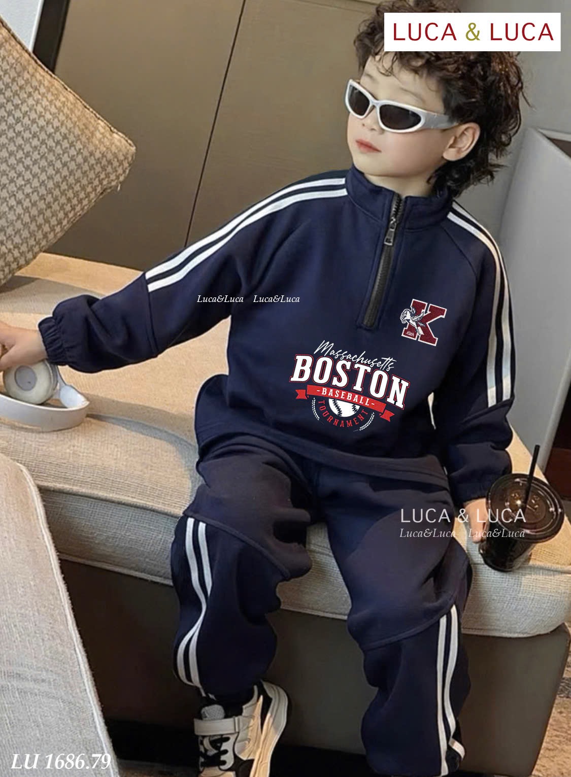 Lu 1686 - Bộ nỉ hai da Luca Boston cổ kéo khóa màu navy bé trai size 2-12y